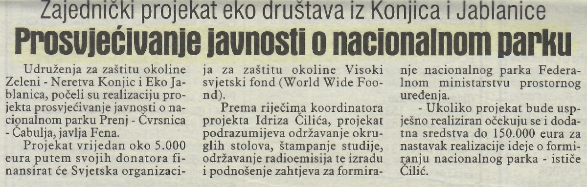 Zajednički projekat Konjic - Jablanica  Prosvjećivanje javnosti o nacionalnom parku