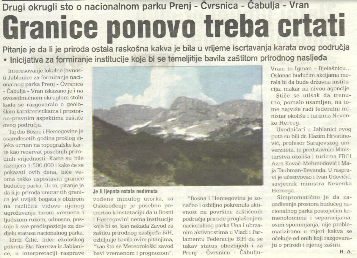 Drugi okrugli sto o nacionalnom parku Prenj - Čvrsnica - Čabulja - Vran - Granice ponovo treba crtati 